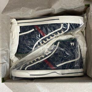 NEW AUTHENTIC GUCCI TENNIS 1977 HIGH TOP "BLUE DENIM GG PRINT GUCCI 13+ (US 14)